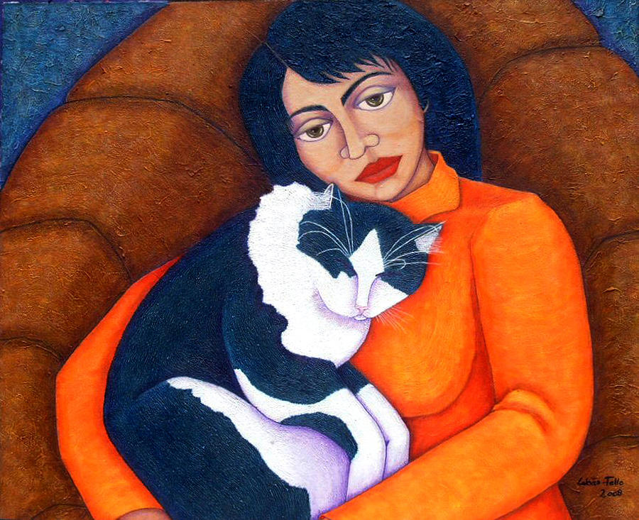 Cat Painting - Morgana with woman by Madalena Lobao-Tello