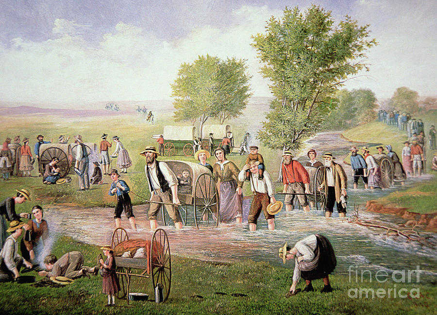Mormon pioneers pulling handcarts on the long journey to Salt Lake City in 1856 Painting by American School
