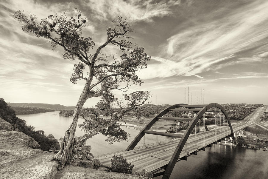 Black And White Photograph - Morning at the 360 Bridge in Austin Texas Sepia by Rob Greebon