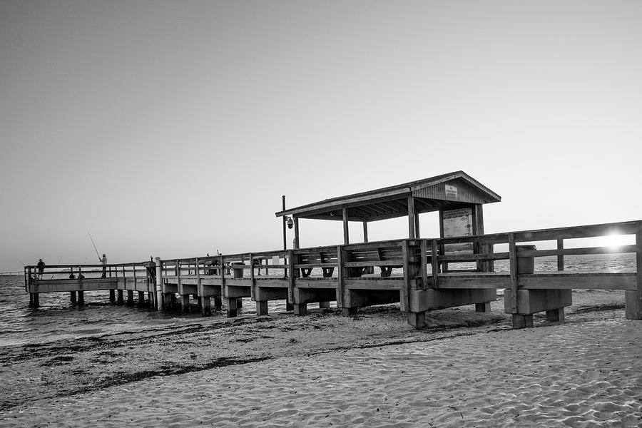 Morning At The Sanibel Pier in Black and White Photograph by Greg and Chrystal Mimbs