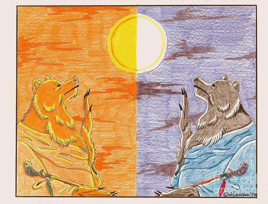 Morning Bear Greets the Sun, Evening Bear Greets the Moon Drawing by Wendy Coulson