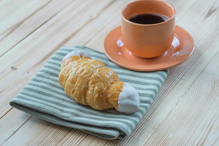 Coffee Photograph - Morning Coffee And Croissant On Wooden Table by Mariia Kalinichenko Coffee Photograph - Morning Coffee And Croissant On Wooden Table by Mariia Kalinichenko