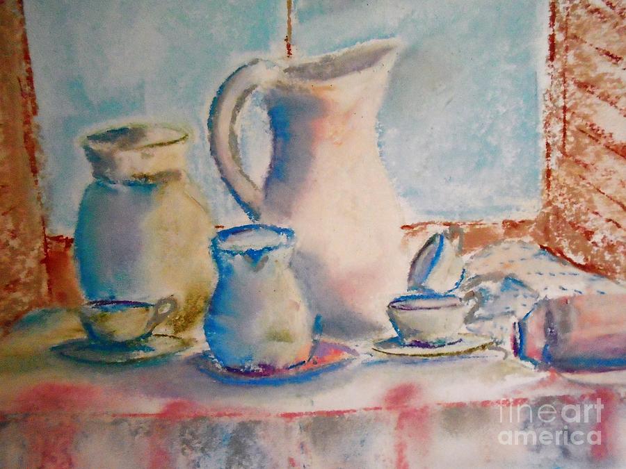 Morning Coffee in a Warm Blue Glow Pastel by Angela Cartner