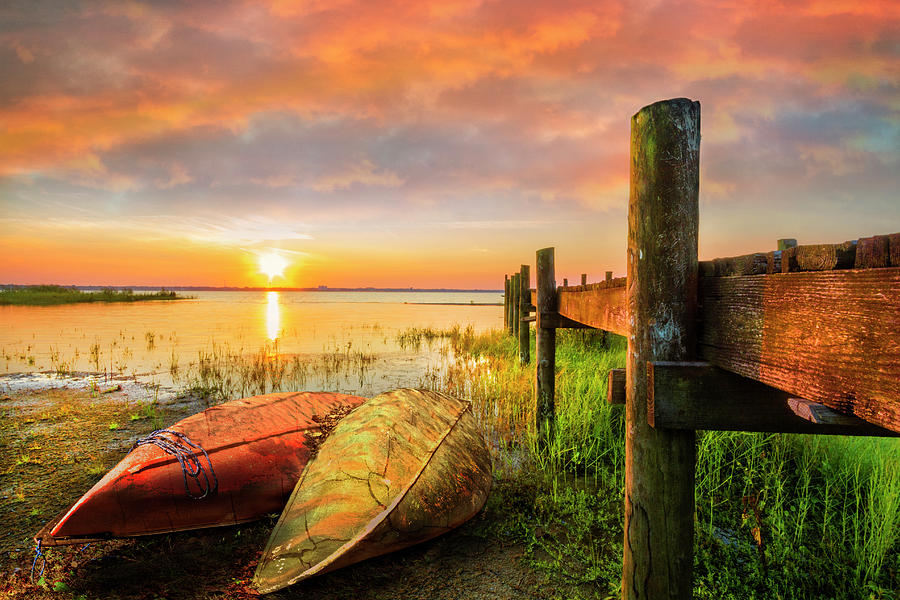 Boat Photograph - Morning Color on the Canoes by Debra and Dave Vanderlaan