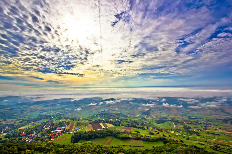 Morning fog in green hills aerial view Photograph by Brch Photography