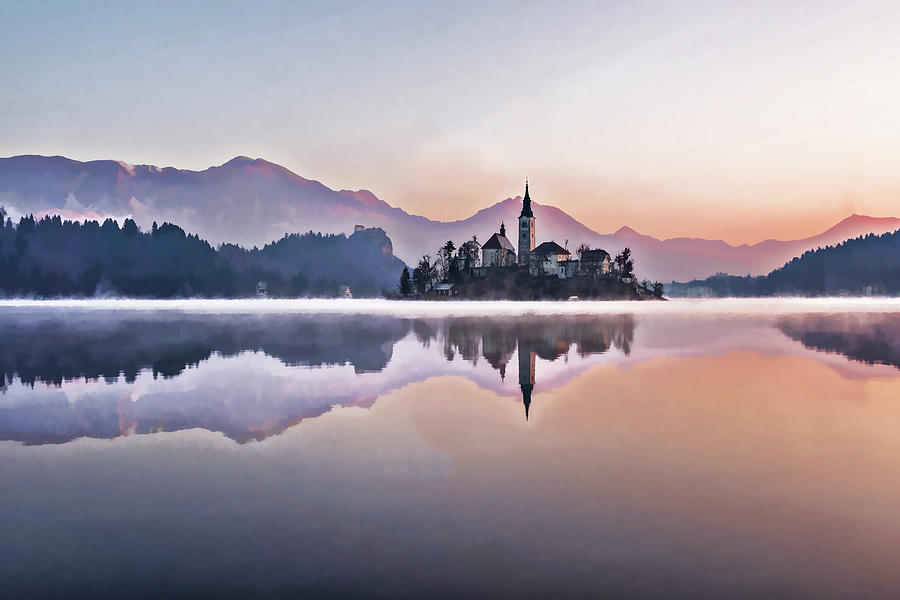 Morning Fog on Lake with Castle in Bled Slovenia Painting by Elaine Plesser