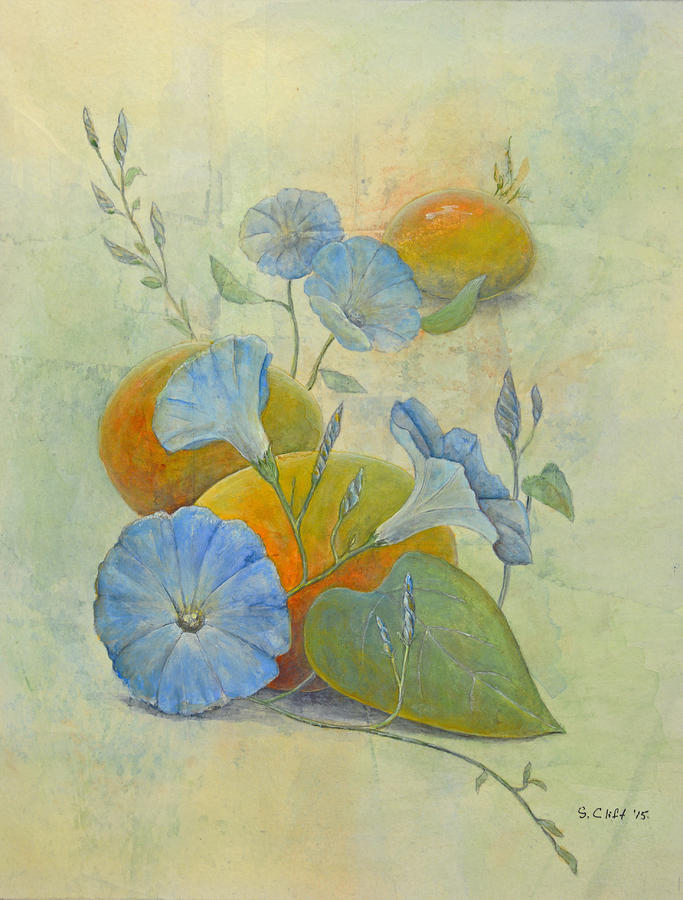 Morning Glories and Mangoes Painting by Sandy Clift