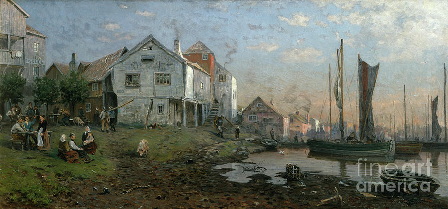 Morning in fishing village Painting by by O Vaering