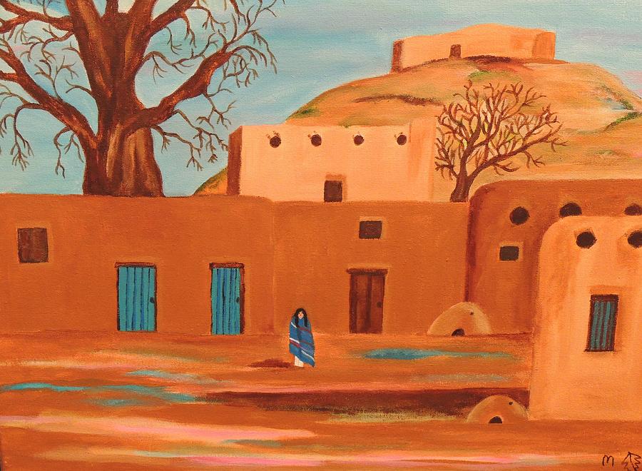Tree Painting - Morning in Taos Pueblo by Mary Vorves