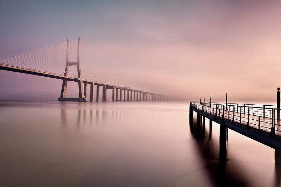 Bridge Photograph - Morning low fog by Jorge Maia