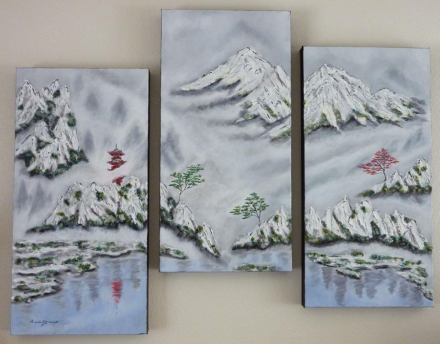Morning Mist Triptych Painting by Amelie Simmons