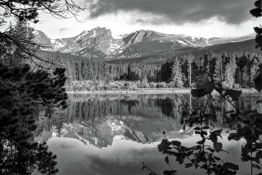 Morning on Sprague Lake - Rocky Mountain National Park - Black and White Photograph by Gregory Ballos