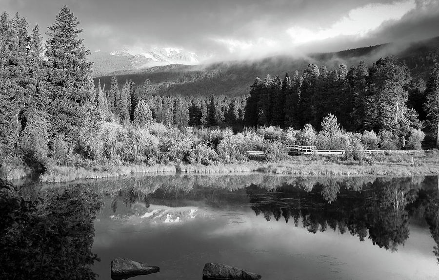 Morning Reflections - Black and White - Colorado Landscape Photograph by Gregory Ballos