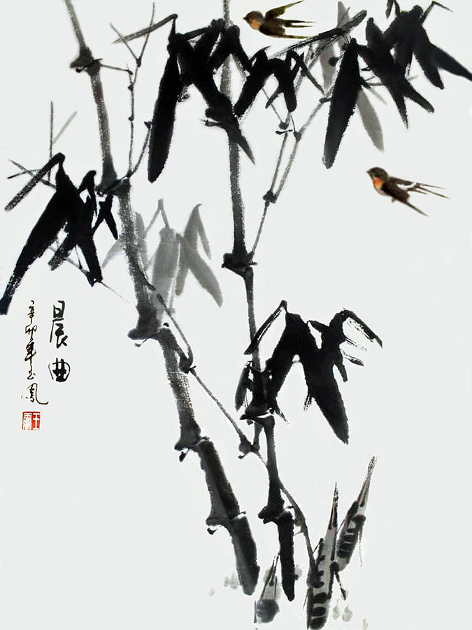 Bamboo and Birds Painting by Yufeng Wang
