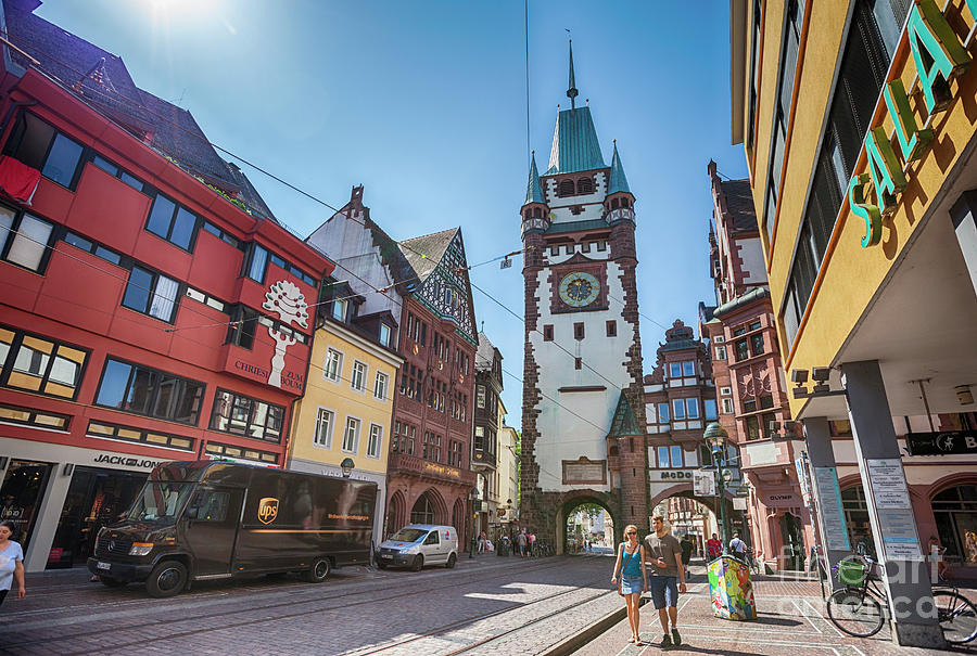 morning street with view at The Martinstor, FREIBURG IM BREISGAU Photograph by Ariadna De Raadt