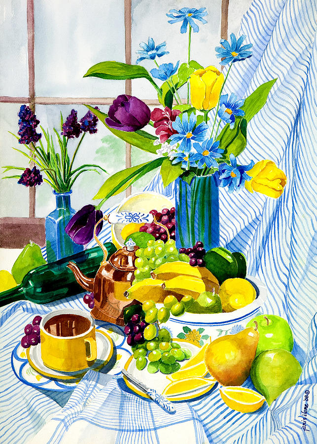 Flower Painting - Morning Tea and Fruit by Janis Grau