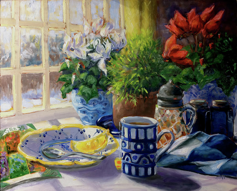 Mug Painting - Morning Tea In The Winter Garden by Barbara Hageman