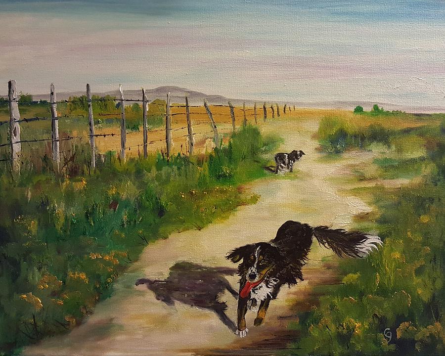 Morning Walk with Ruby n Bumper     95 Painting by Cheryl Nancy Ann Gordon