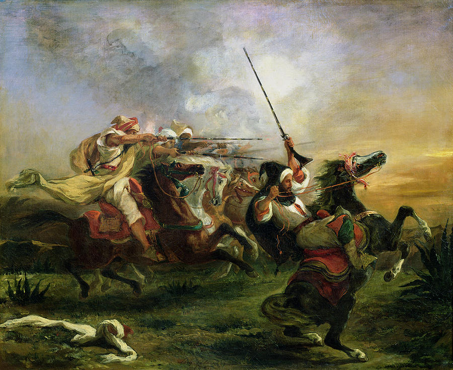 Moroccan horsemen in military action Painting by Eugene Delacroix