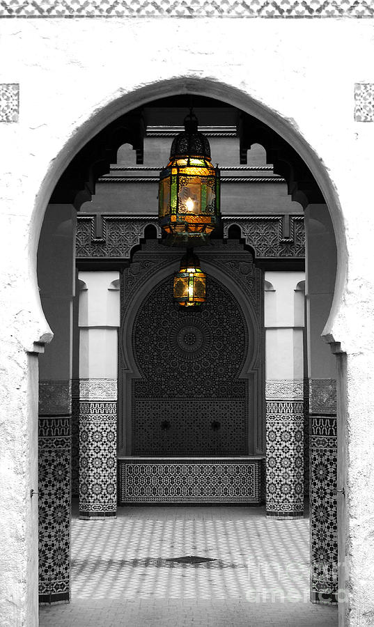 Black And White Digital Art - Moroccan Style Doorway Lamps Courtyard and Fountain Color Splash Black and White by Shawn OBrien