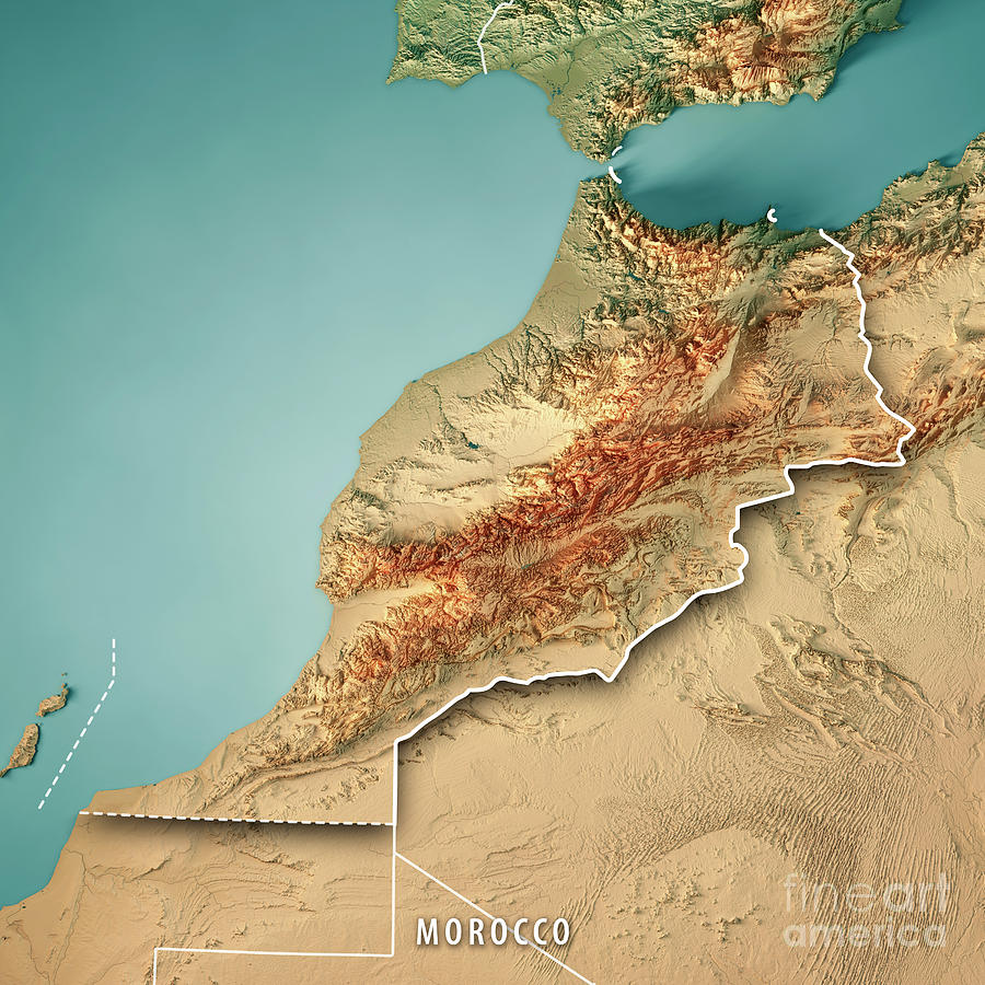 Morocco 3D Render Topographic Map Border by Frank Ramspott