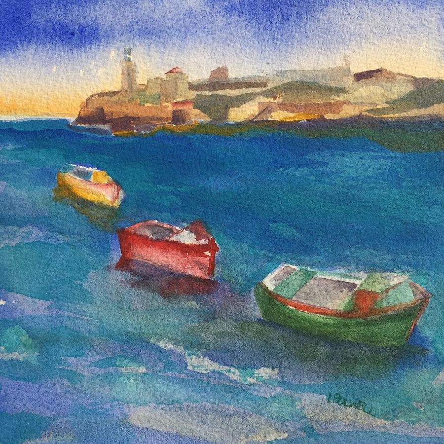 Morro Castle Painting - Morro Castle And Three Boats by Lynne Bolwell Morro Castle Painting - Morro Castle And Three Boats by Lynne Bolwell