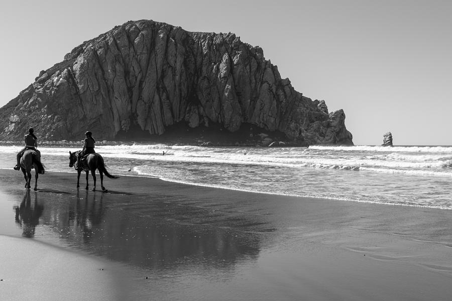 Morro Rock and Horses Black and White Photograph by John McGraw