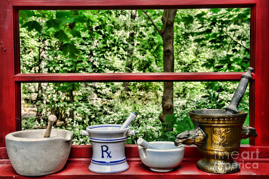 Mortar and Pestle on Red Window Sill Photograph by Paul Ward