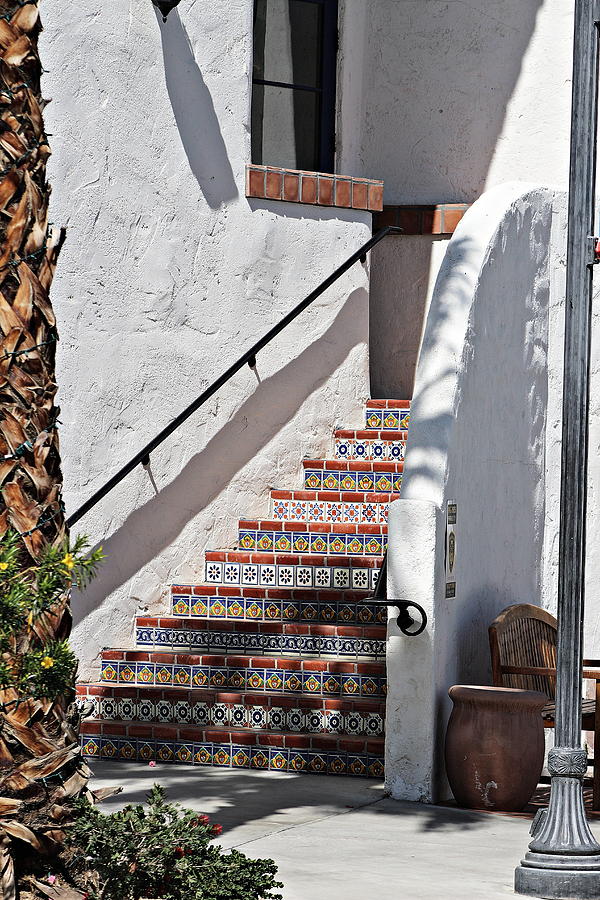 Mosaic Tile Staircase in Stucco Building in La Quinta California Art District by Colleen Photograph by Colleen Cornelius