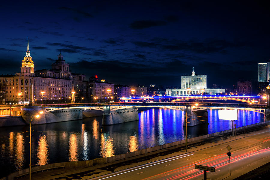 Moscow River and the White House at night Photograph by Alexey Stiop