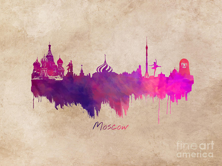 Moscow Skyline Digital Art - Moscow Russia skyline purple by Justyna Jaszke JBJart