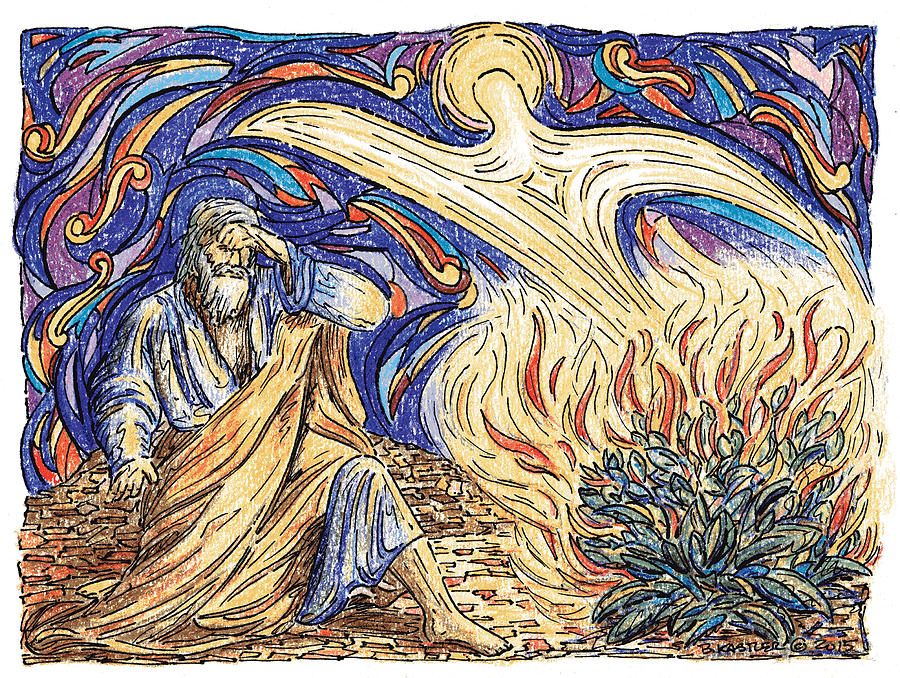 Moses Drawing - Moses and the Burning Bush by Brent Kastler