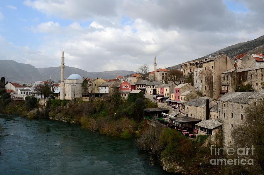Mostar city with mosque minaret medieval architecture Neretva river Bosnia Herzegovina Photograph by Imran Ahmed