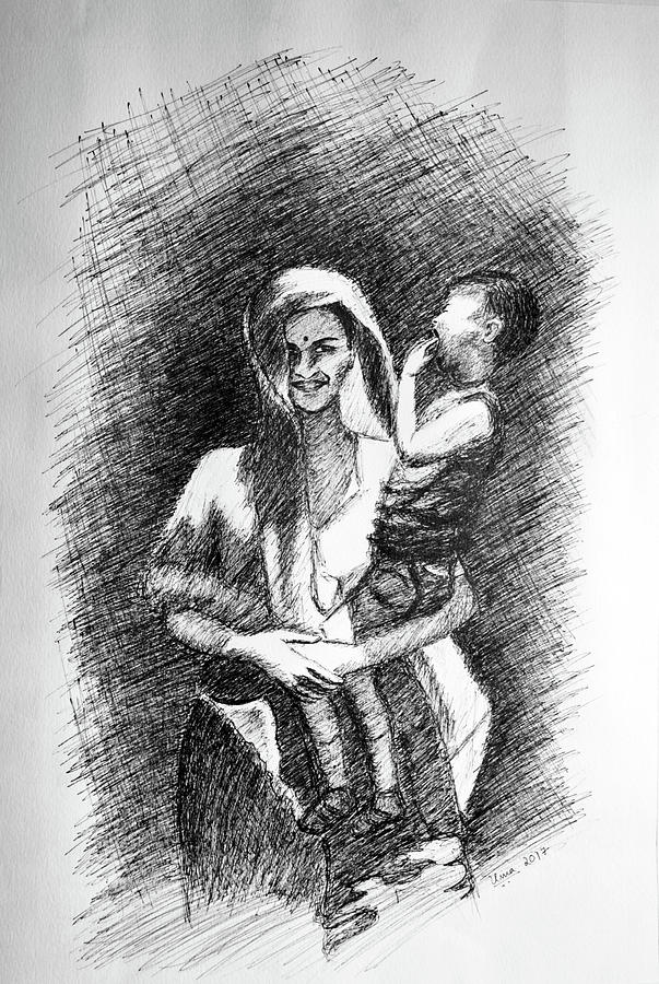 Mother and child 5 Drawing by Uma Krishnamoorthy