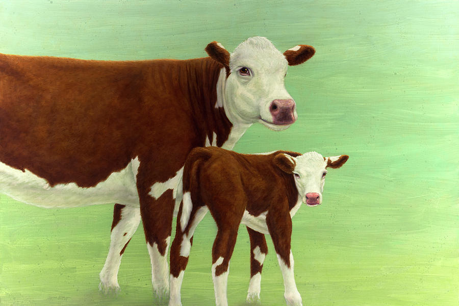 Cow Painting - Mother and Child Cows by James W Johnson