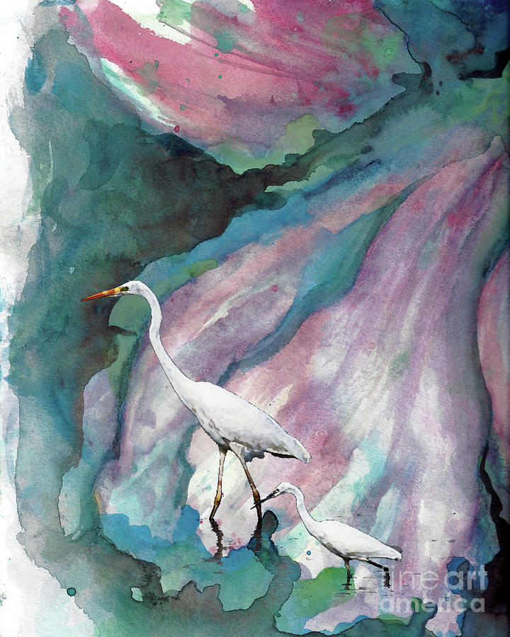 Mother and Child Egrets Painting by Francelle Theriot
