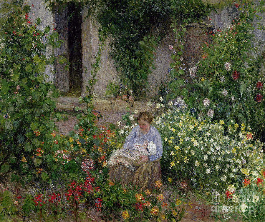 Mother and Child in the Flowers Painting by Camille Pissarro