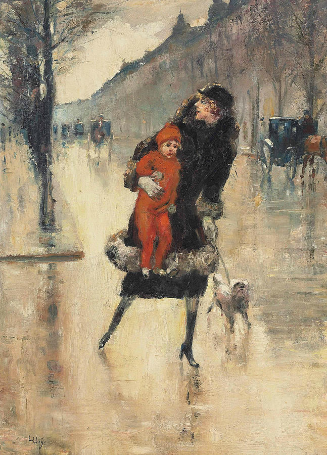 Mother and Child on a Street Crossing Painting by Lesser Ury