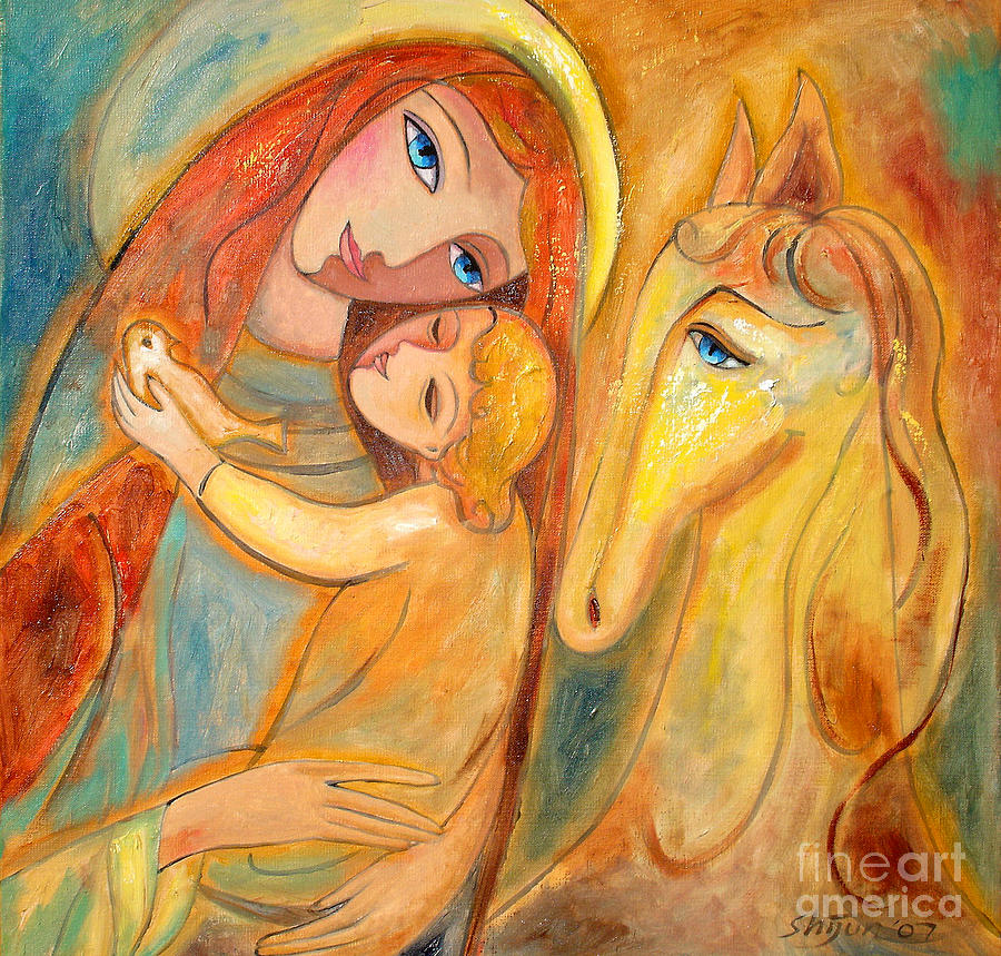 Mother and Child on horse Painting by Shijun Munns