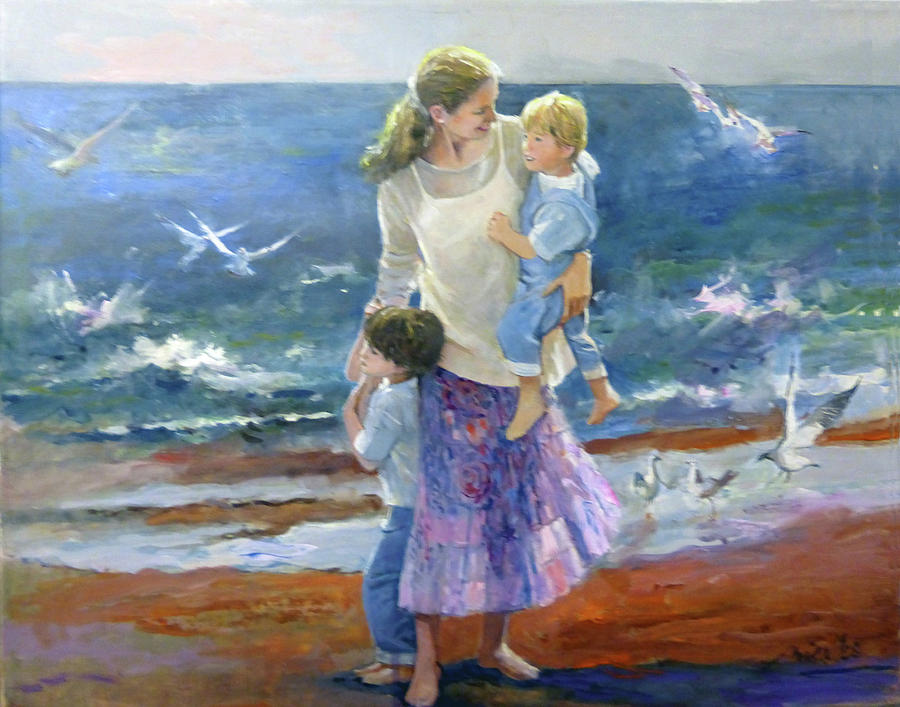 Mother And Children At The Beach Painting By Jose M Miiralles