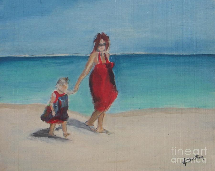 Mother and Daughter Walk on the Beach Painting by Vesna Antic