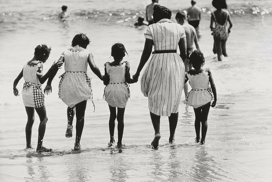 Mother and Four Daughters Entering Water at Coney Island Photograph by Nat Herz