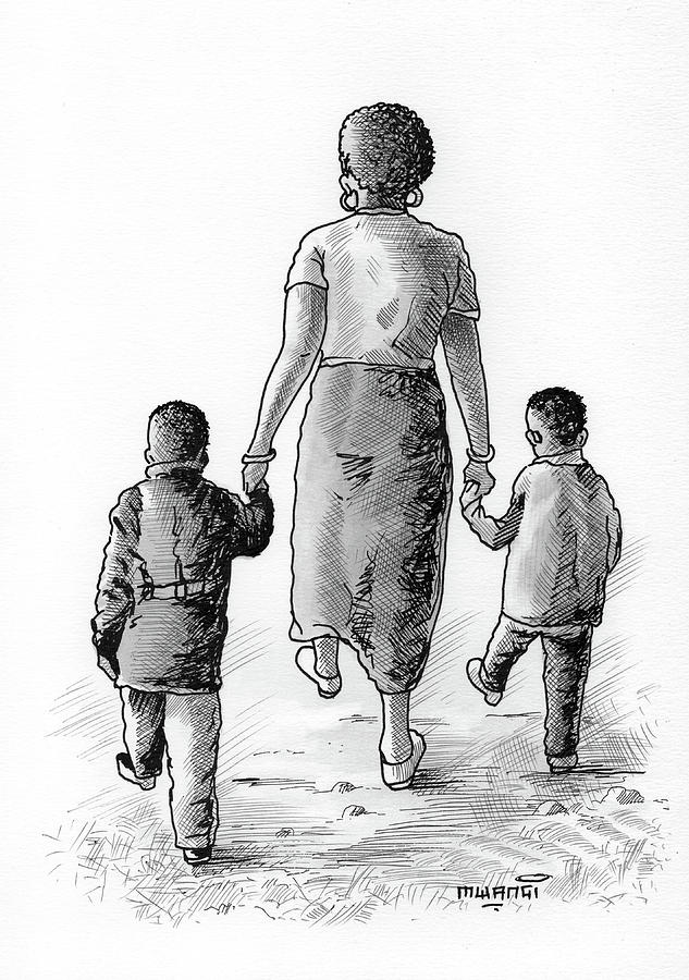 Mother and Kids Mixed Media by Anthony Mwangi