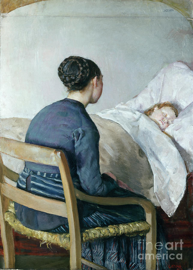 Mother at her sick child bed Painting by O Vaering