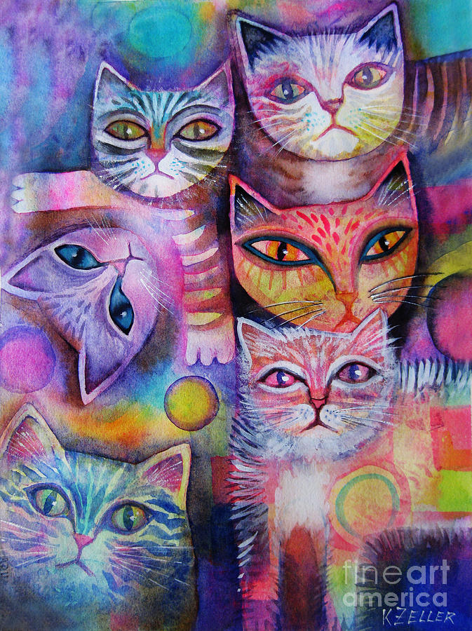 Mother cat and kittens Painting by Karin Zeller