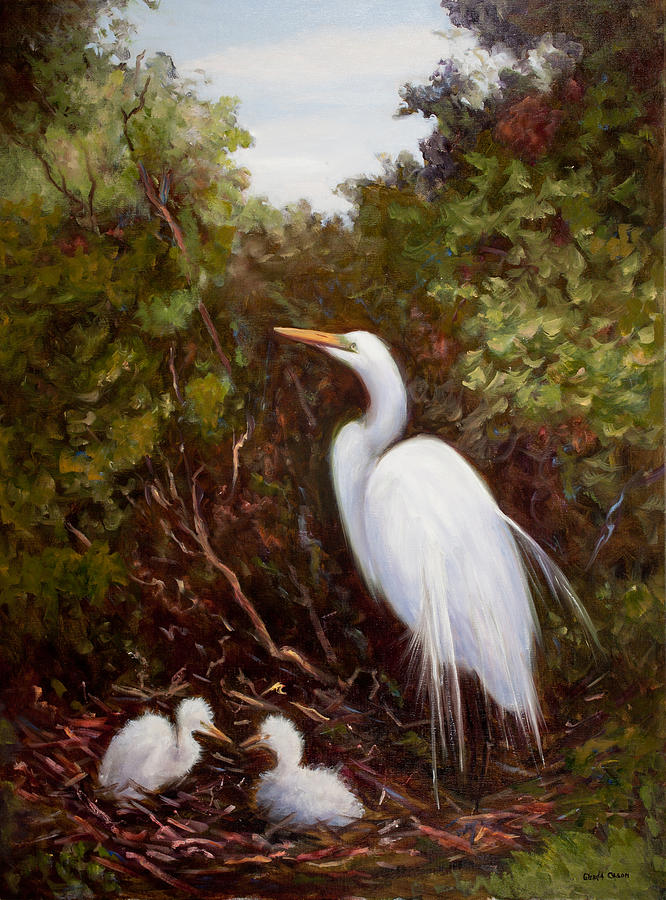 Mother Egret and Nestlings Painting by Glenda Cason