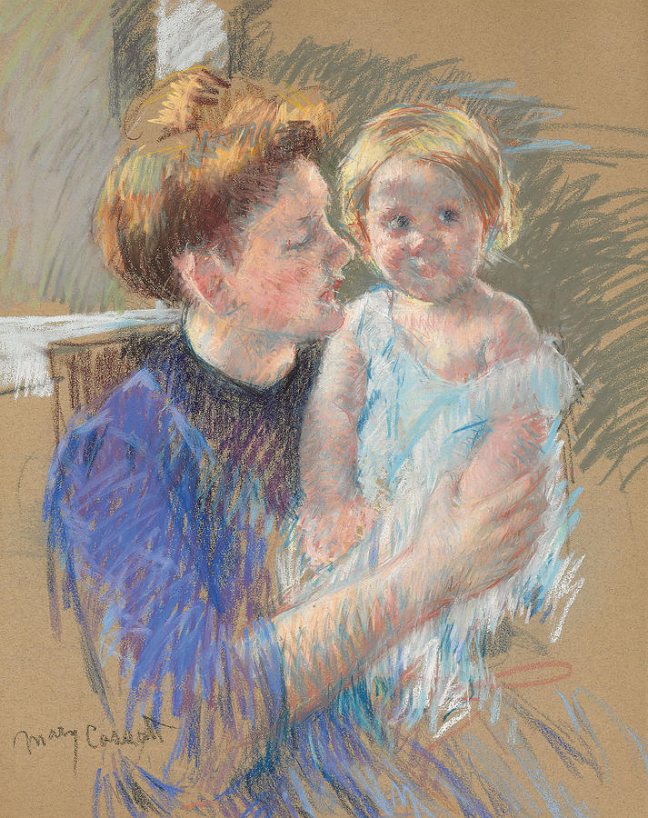 Mary Stevenson Cassatt Pastel - Mother in Purple Holding her Child by Mary Stevenson Cassatt