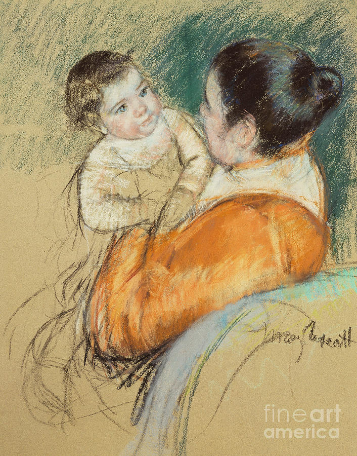 Mother Louise Holding Up Her Blue Eyed Child by Mary Stevenson Cassatt Pastel by Mary Stevenson Cassatt