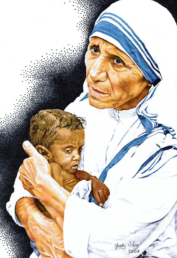 Portrait Drawing - Mother Theresa and baby by Judy Skaltsounis