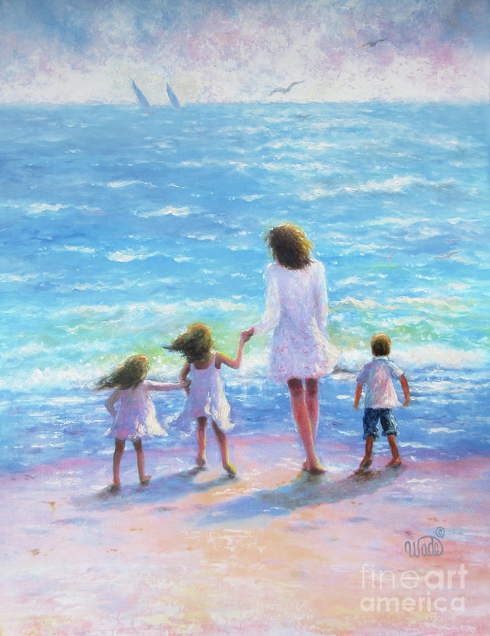 Mother Painting - Mother Two Daughters Son Beach by Vickie Wade